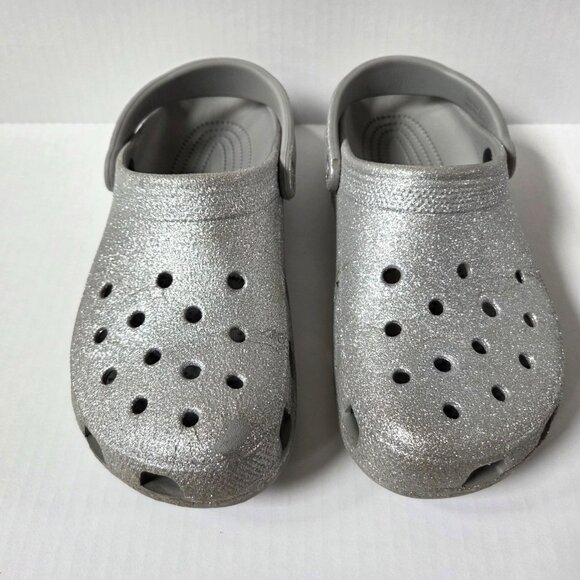 Crocs Shoes Womens 8 Silver Glitter Classic Clogs Slip Ons Sandals - Picture 1 of 12